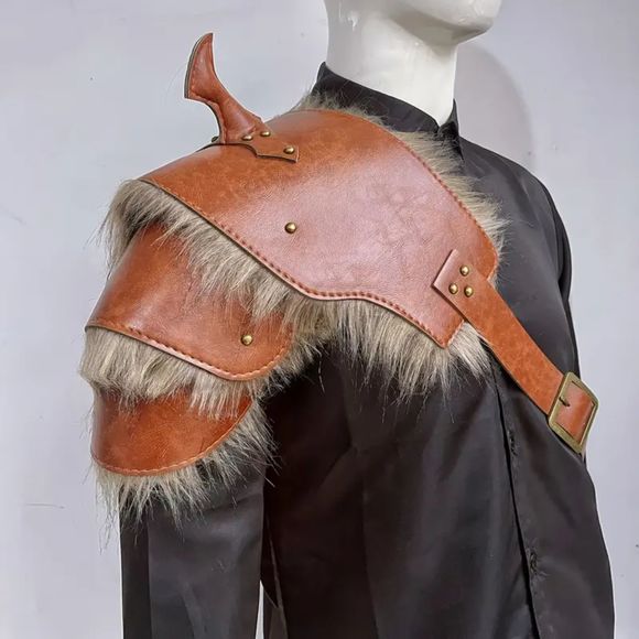 Pair Renaissance Medieval Viking PU Leather Fur Edge Shoulder Armor Cosplay LARP - Picture 3 of 3